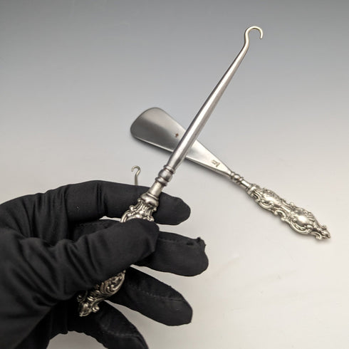 1912 British Antique Pure Silver Handle Shoehorn Button Hook x2 Set Adie & Lovekin